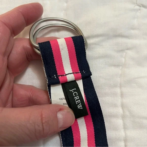 J Crew Ribbon Belt Womens M/L D-Ring Pink Navy Stripe Nautical Preppy Heritage - Picture 2 of 5